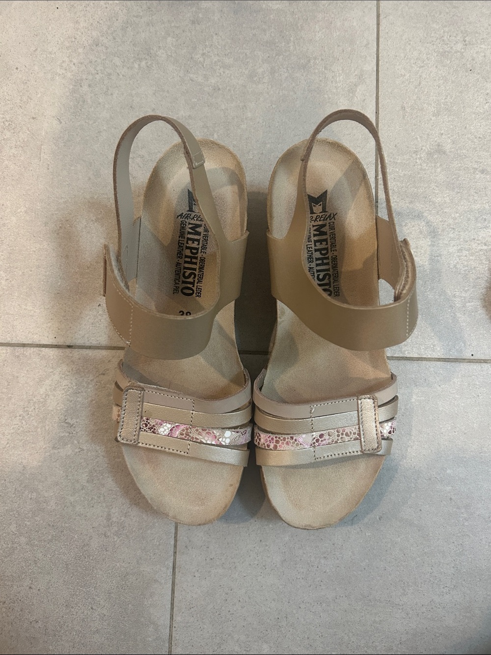 Mephisto Women's Beige Sandals with Pink Snakeskin Detail